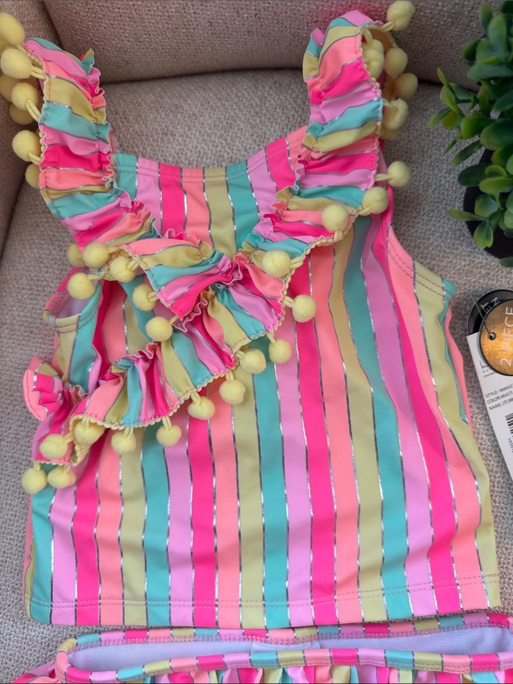 Nicole Miller New York Girls' Multicolor Stripe Pom Pom 2-Piece Swim Bikini NWT